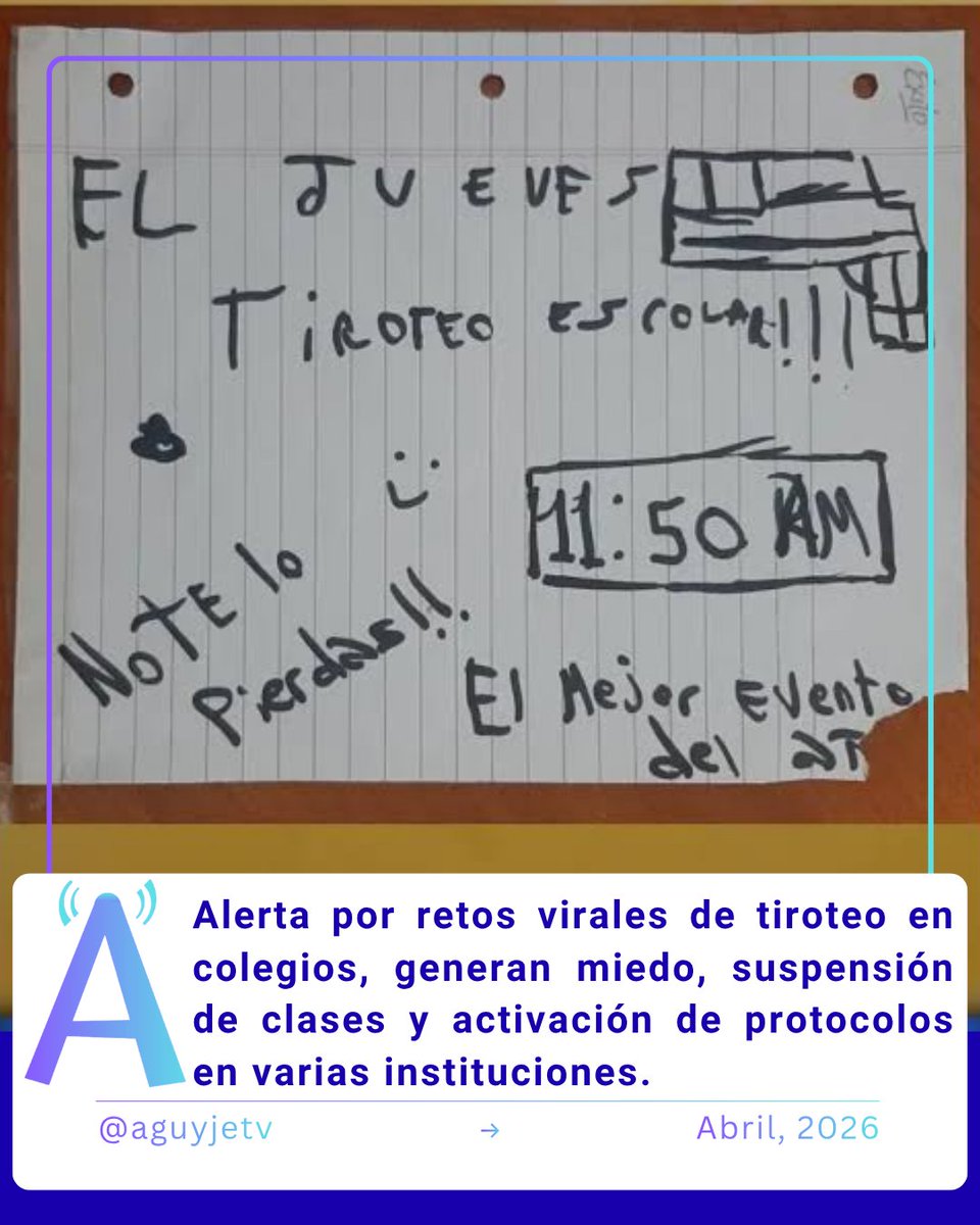Aguyjetvpy's tweet image. 🚨 Alerta en Paraguay por retos virales que incitan amenazas de tiroteo en colegios.
⚠️ Autoridades advierten: no es broma, es delito. Ya hubo suspensiones y operativos.
#Paraguay #Alerta #Colegios #Seguridad #AguyjeTV