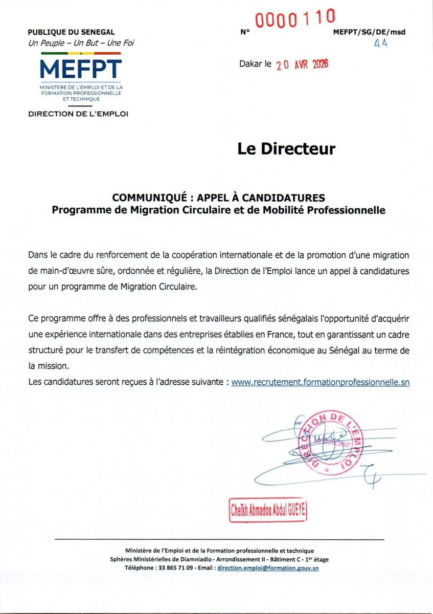 📢 Appel à candidatures

La Direction de l’Emploi lance un programme de migration professionnelle vers la France 🇫🇷

🎯 Pour les travailleurs qualifiés sénégalais
➡️ Expérience internationale + développement de compétences + retour encadré au Sénégal

📝 Postule ici :