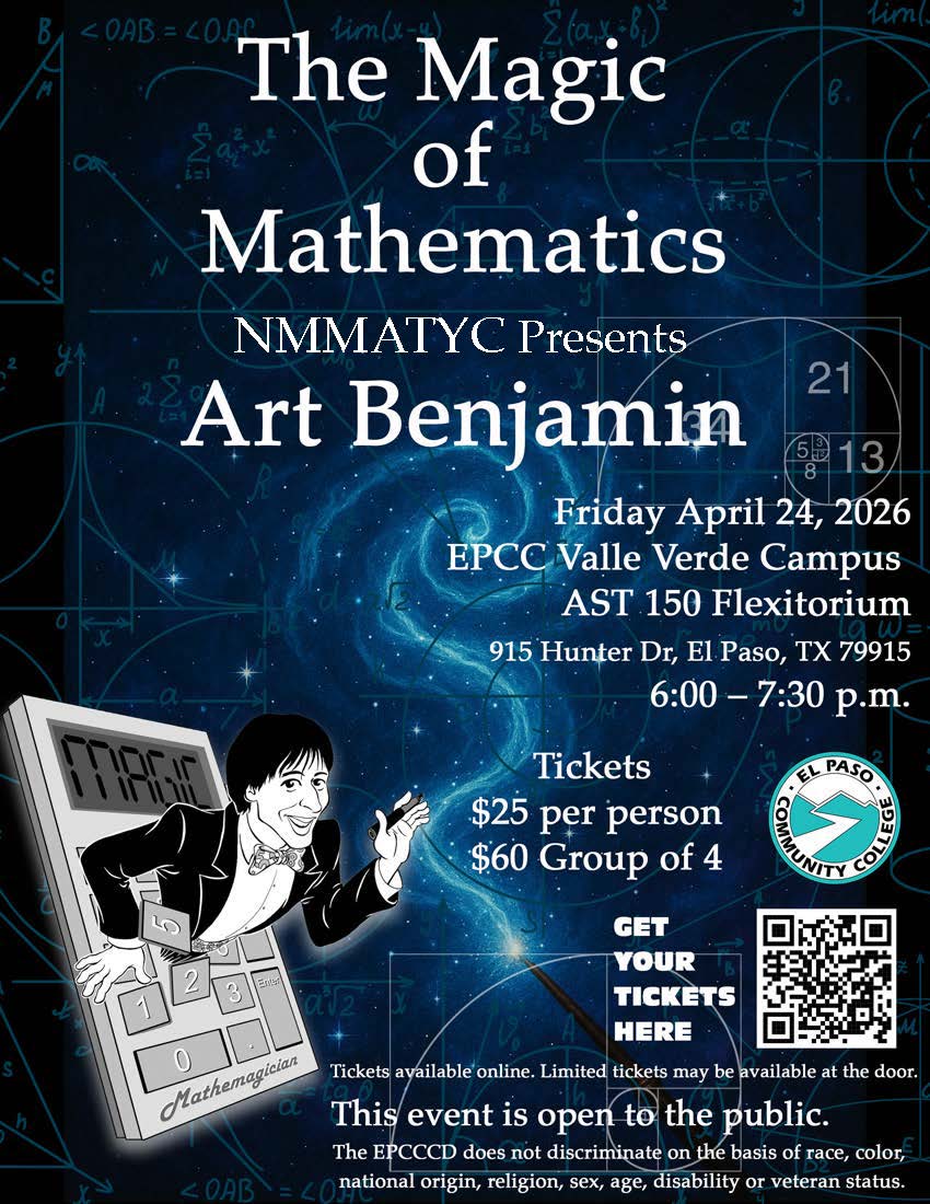 EPCCNews's tweet photo. Join us for a pre-conference magic show on The Magic of Mathematics hosted by Dr. Arthur Benjamin and NMMATYC in the Flexitorium at the Valle Verde Campus. Get your tickets here: https://t.co/CO5HzTDvx1
#EPCCpride https://t.co/ScRiw1ZyNe