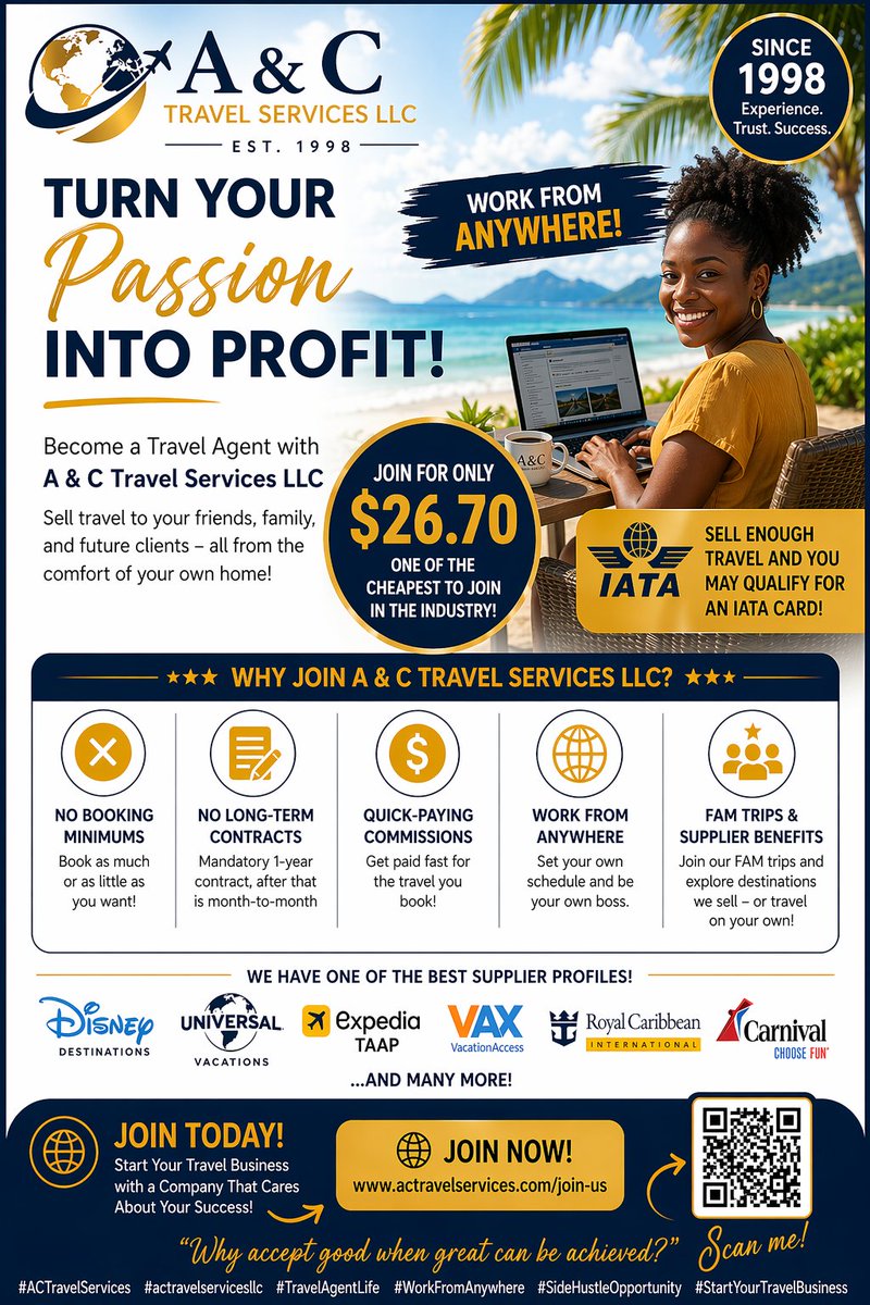 ACTRAVELSERVICE's tweet image. Start your travel business from home ✈️💰
Join A &amp;amp; C Travel Services LLC (since 1998)
✔️ No minimums
✔️ Top suppliers
✔️ FAM trips
✔️ Fast commissions

👉 Join now: actravelservices.com/join-us

#TravelAgentLife #SideHustle #WorkFromHome #ACTravelServices

wix.to/KmdHxD6