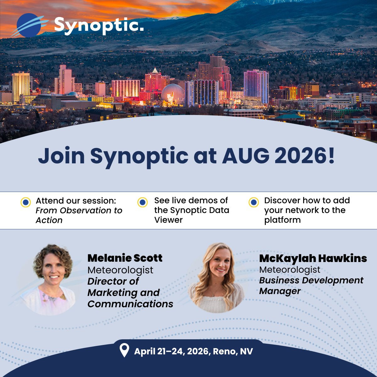 SynopticData's tweet photo. Synoptic is at #AUG2026 in Reno this week! Melanie Scott is presenting on real-time observations for high-impact weather events, and McKaylah Hawkins is representing Synoptic at our booth. Stop by for live Data Viewer demos and more!

#WeatherData #Meteorology #Reno #PublicSafety https://t.co/NN7sdBmMwI