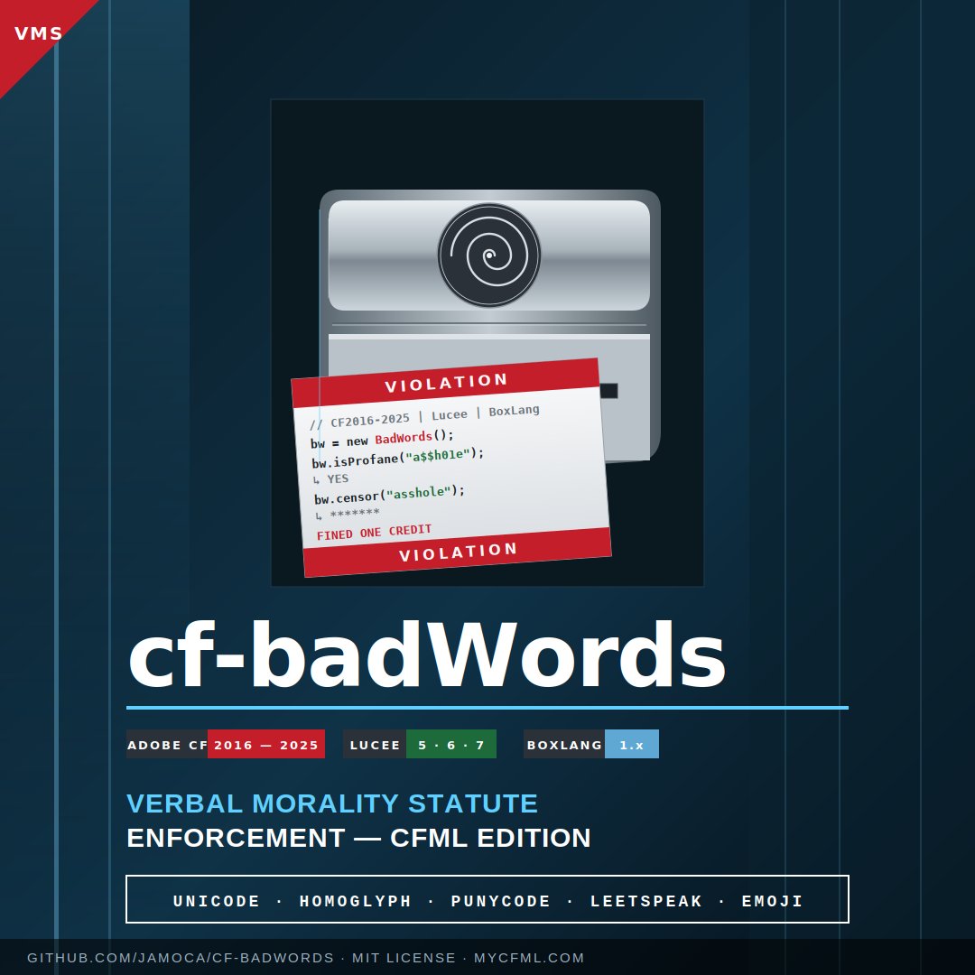 myCFML's tweet image. I recently rewatched Demolition Man from 1993. The "Verbal Morality Statute" printer stuck with me.

So I rewrote my 2003 #CFML profanity filter as a 2026 CFC.
- Unicode attacks
- homoglyphs
- Punycode
- 6 languages
- Scunthorpe-safe
- MIT License