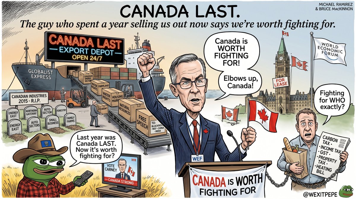 PepeforUSA's tweet photo. Carney: "Canada is worth fighting for!"

Also Carney (for the last 365 days):

🇨🇦 Sells farmland to China → ✅
🇨🇦 Ships jobs offshore → ✅  
🇨🇦 Caves to WEF → ✅
🇨🇦 Crushes small biz → ✅
🇨🇦 Floods housing market → ✅
🇨🇦 Attacks Alberta → ✅

You don't get to spend a year selling us out and then campaign on patriotism.

Sit down. 🐸

#Wexit #CanadaLast