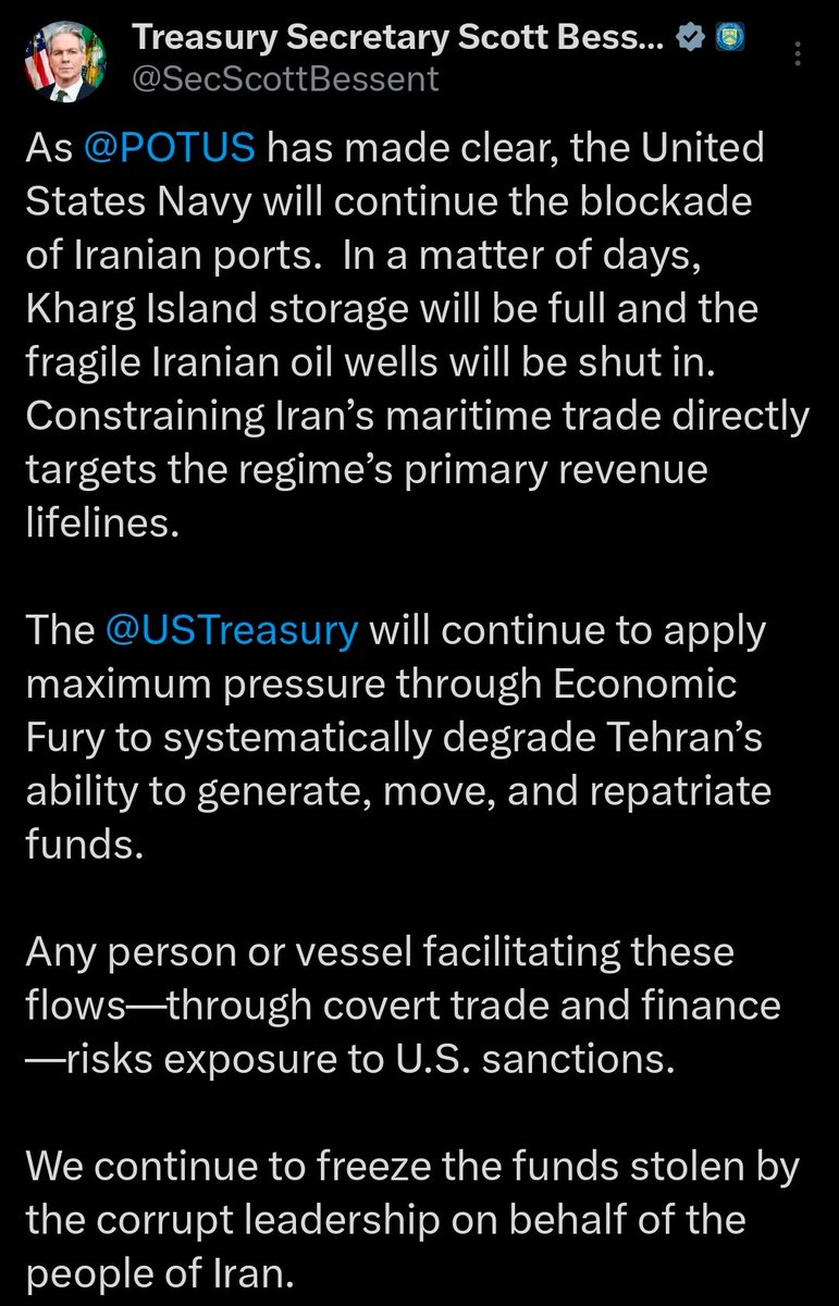 clashreport's tweet image. U.S. Treasury Secretary Scott Bessent:

In a matter of days, Kharg Island storage will be full and the fragile Iranian oil wells will be shut in. Constraining Iran’s maritime trade directly targets the regime’s primary revenue lifelines.