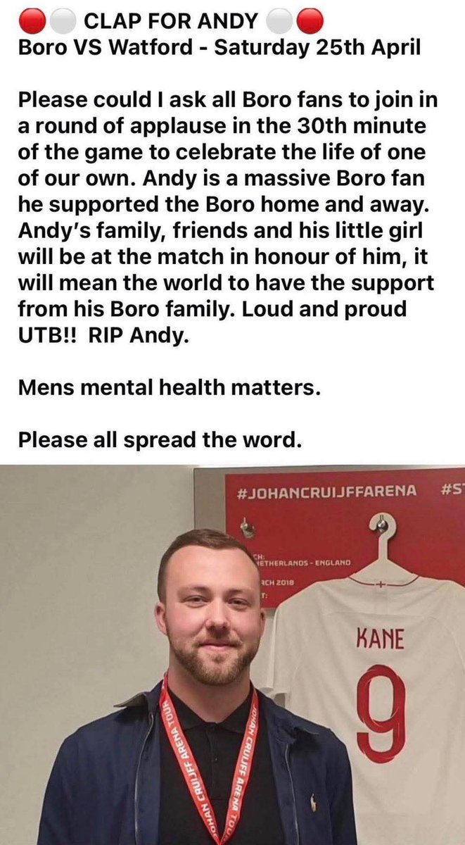 BOROSTEELARMY's tweet photo. Please can we get this shared in support for Andy who lost his life through mental health we need to raise awareness to many people are affected by this so please share and clap on Saturday for Andy one of our own R.I.P Andy #UTB #MentalHealthAwareness https://t.co/E0kkrvxiEz