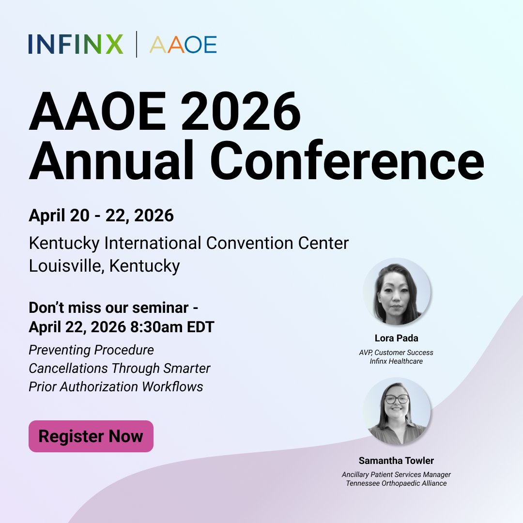 Infinxinc's tweet image. Tomorrow 8:30am ET @AAOE_OrthoExec 2026 Conference: How an ortho group stopped losing revenue to procedure cancellations. Samantha Towler at Tennessee Orthopaedic Alliance &amp;amp; Lora Pada in client success share the playbook. Meet: na2.hubs.ly/H050csP0 #PriorAuth #RCM #AAOE2026