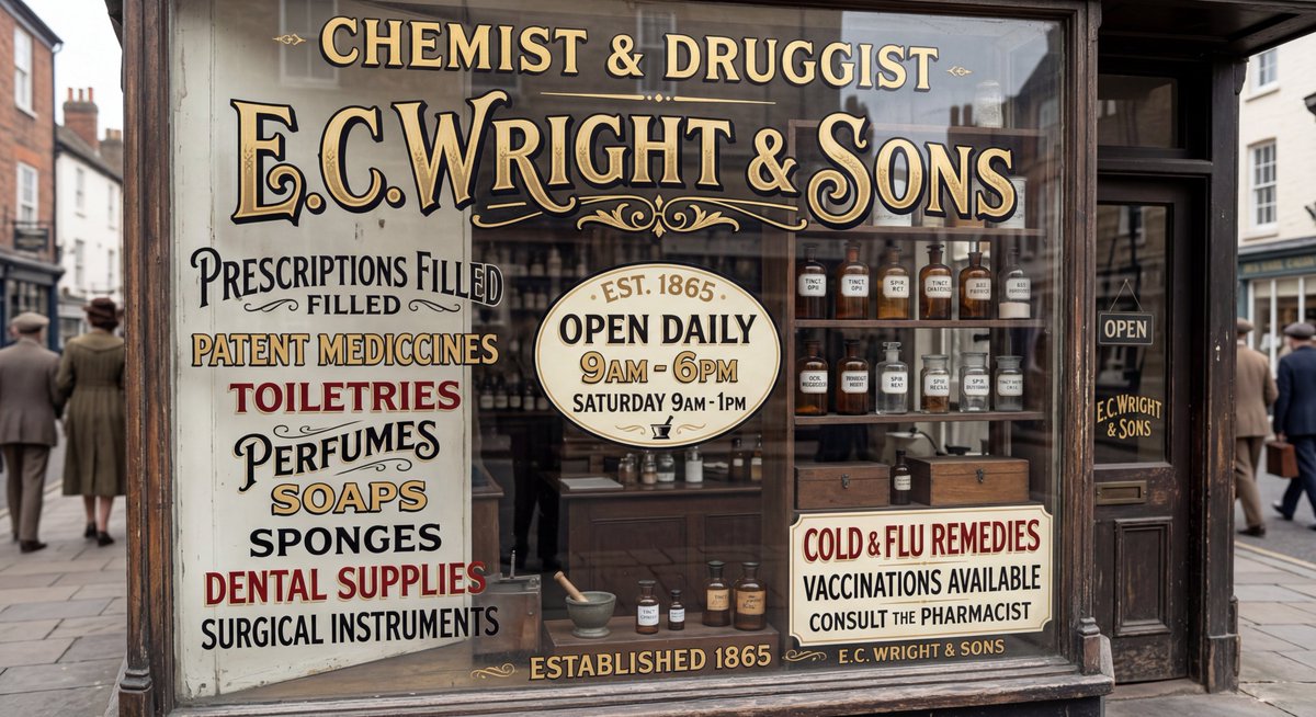 ElarisLabs's tweet photo. A storefront window of an old-fashioned "CHEMIST & DRUGGIST." The glass is covered in numerous hand-painted signs and decals in various fonts. The main name, "E.C. WRIGHT & SONS," is across the top in elegant gold and black letters. Below, smaller signs list services: "PRESCRIPTIONS FILLED. PATENT MEDICINES. TOILETRIES. PERFUMES. SOAPS. SPONGES. DENTAL SUPPLIES. SURGICAL INSTRUMENTS." A central sign has a list: "EST. 1865. OPEN 9AM-6PM. SAT 9AM-1PM." A sign in the corner: "COLD & FLU REMEDIES. VACCINATIONS AVAILABLE. CONSULT THE PHARMACIST." Other texts include "EST. 1865" and "ESTABLISHED 1865." A few old medicine bottles are displayed inside. Reflections of the street are visible. Natural daylight. No watermarks.