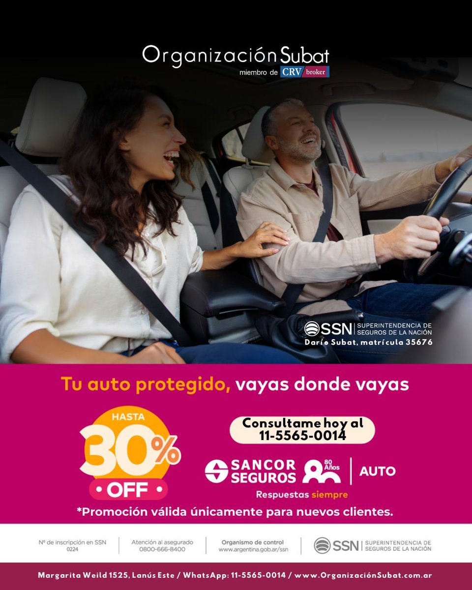 orgsubat's tweet image. #SancorSeguros cumple 80 años y estos DESCUENTOS son nuestro regalo hacia vos.

[PROMOCIÓN VÁLIDA ÚNICAMENTE PARA NUEVOS CLIENTES]

#SomosOrganizacionSubat

📍 Margarita Weild 1525 | Lanús Este
📲 Conectá con nosotros vía #WhatsApp al 11-5565-0014
🌐 organizacionsubat.com.ar