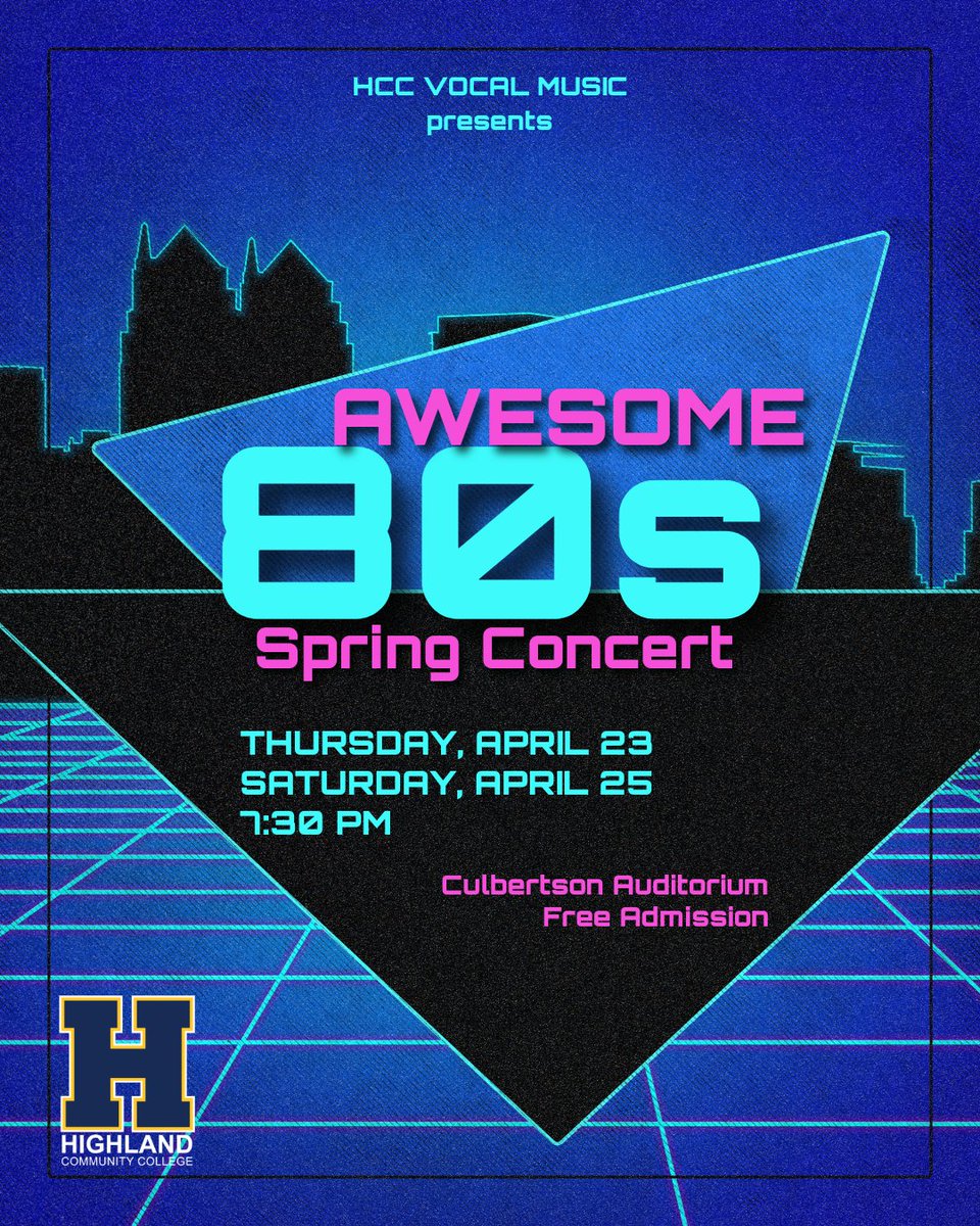 highlandcc's tweet image. It's concert week for HCC vocal music. This year's theme is Awesome 80's. Performances are April 23 &amp;amp; 25 at 7:30 PM in Culbertson Auditorium in Highland. Flash back to your favorite hits as our students share their passion for music! #VocalMusic #L&amp;amp;L #80sHits #ScottieNation