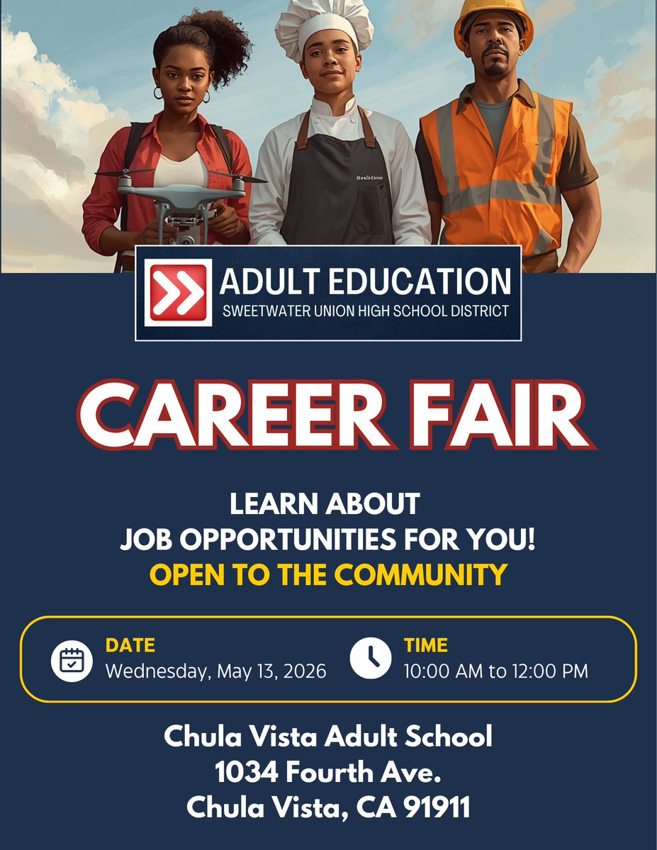 SUHSDAdultEd's tweet image. SAVE THE DATE! Join us for a free career fair. Open to the public. We will be showcasing our free career training courses as well.
Location: Chula Vista Adult School
When: Wednesday, May 13, 2026
Time: 10am to 12pm
#AdultEducation #AdultEdu #AdultEd #SUHSDAdultEd