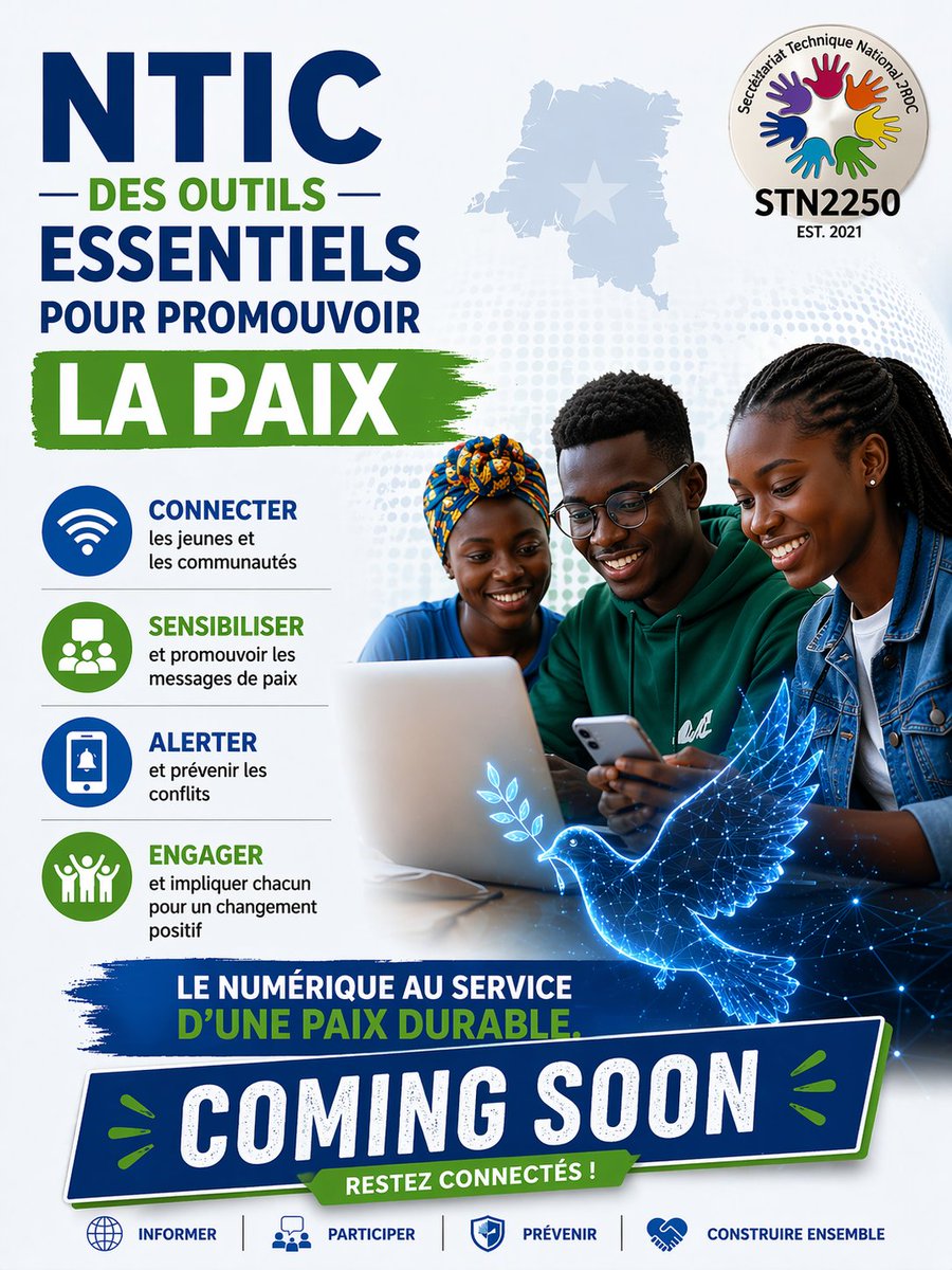 STN2250_RDC's tweet image. 🌐 Les #NTIC, un levier clé pour promouvoir la paix en RDC 🇨🇩
Former, connecter, alerter et engager la jeunesse pour un impact durable.
🚀 Un projet innovant arrive…
⏳ #ComingSoon
#Paix #Jeunesse #JPS #Innovation