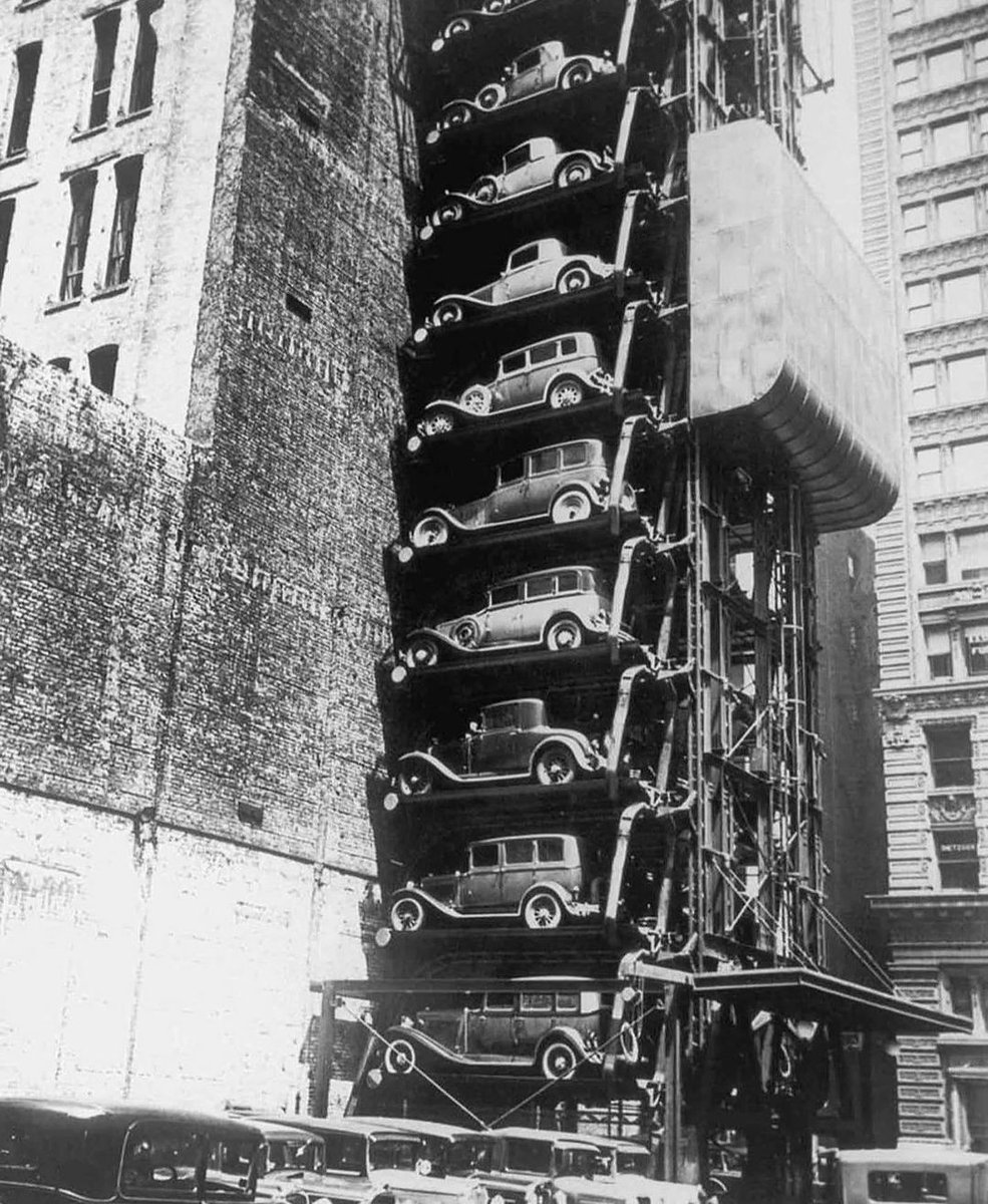 48 cars in a elevator parking garage in Downtown Chicago - 1936