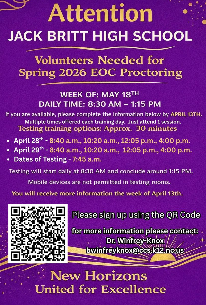 advocate_1's tweet photo. 📣 WE NEED YOU, BRITT NATION! 📣
JBHS needs proctors for testing May 18–21. Even a few hours helps! 💜💛
✔️ Attend one training: Apr 28 (4PM) or Apr 29 (2:10PM/4PM)
🎉 Volunteer one day = 2 game passes
📲 Contact the school to sign up today!
#BrittNation #WeNeedYou #TestingSeason https://t.co/HB9hfnbNKl