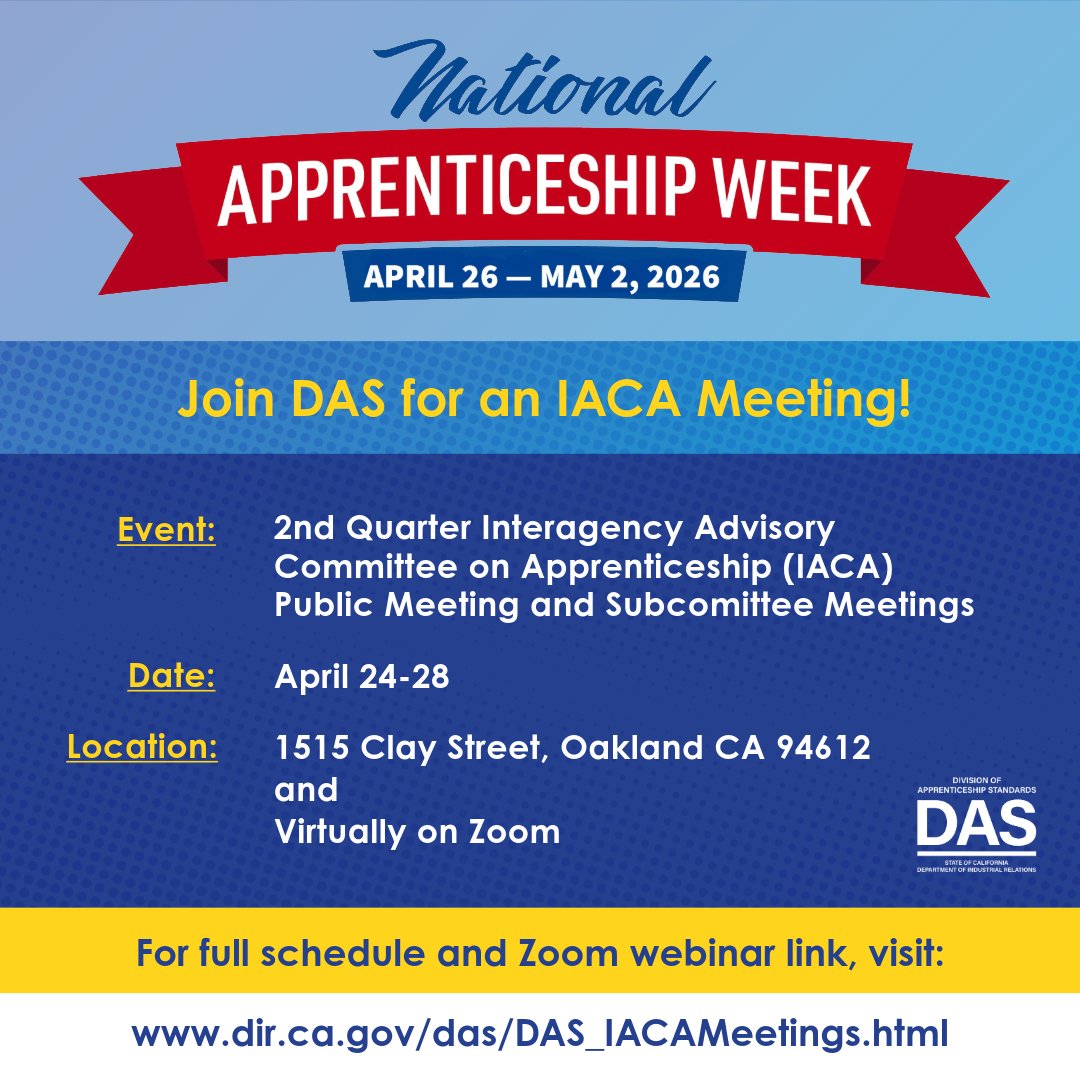 CA_DIR's tweet image. 🎉National Apprenticeship Week (NAW) is almost here!
Join the DAS at our 2nd Quarter Interagency Advisory Committee on Apprenticeship meeting or attend one of our subcommittee meetings.

dir.ca.gov/das/DAS_IACAMe…

#NationalApprenticeshipWeek #ThisIsHowCaliforniaWorks #NAW2026