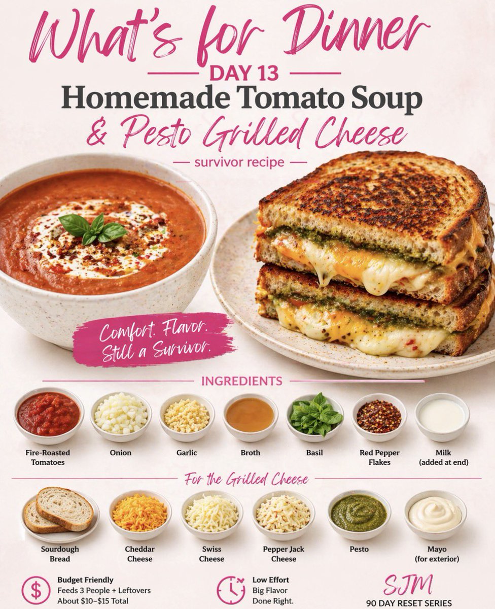 Justice4TN's tweet image. ♏️Scorpio Survivor Dinner Series #13

Tomato 🍅 soup 
+ pesto grilled cheese 🥪

Under $15. Fed everyone.
Some days it’s not about perfect…
it’s about showing up and feeding yourself anyway.
Eat good.
Level 🆙 

#WhatsForDinner #90DayReset #SJM #BudgetMeals #SurvivorStrong