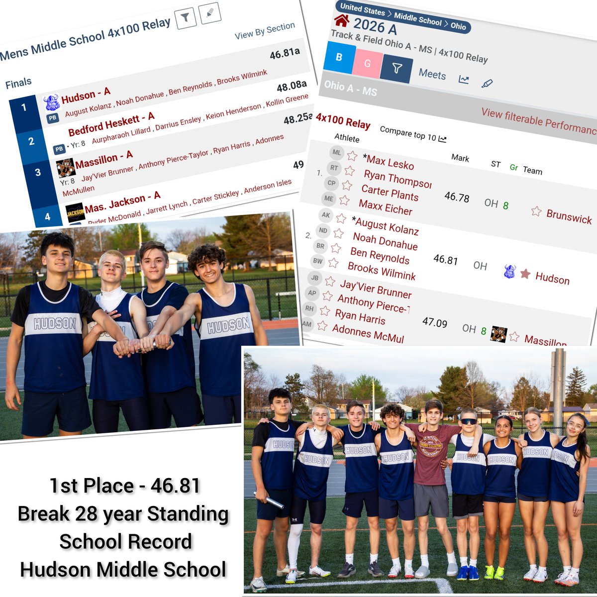 BrooksWilmink's tweet image. Our 4x1 broke our middle school record on Friday. 28 year standing record. @HudsonOHSports #track #sprinters
