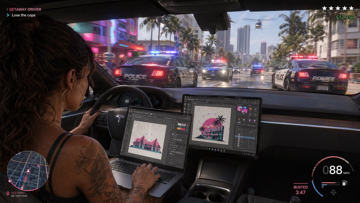 Apirraglia_214's tweet photo. GPT image two models crazy. Let’s see what a new GTA six looks like one being chased by the police design designing an Adobe illustrator. https://t.co/21N2F4Owp8