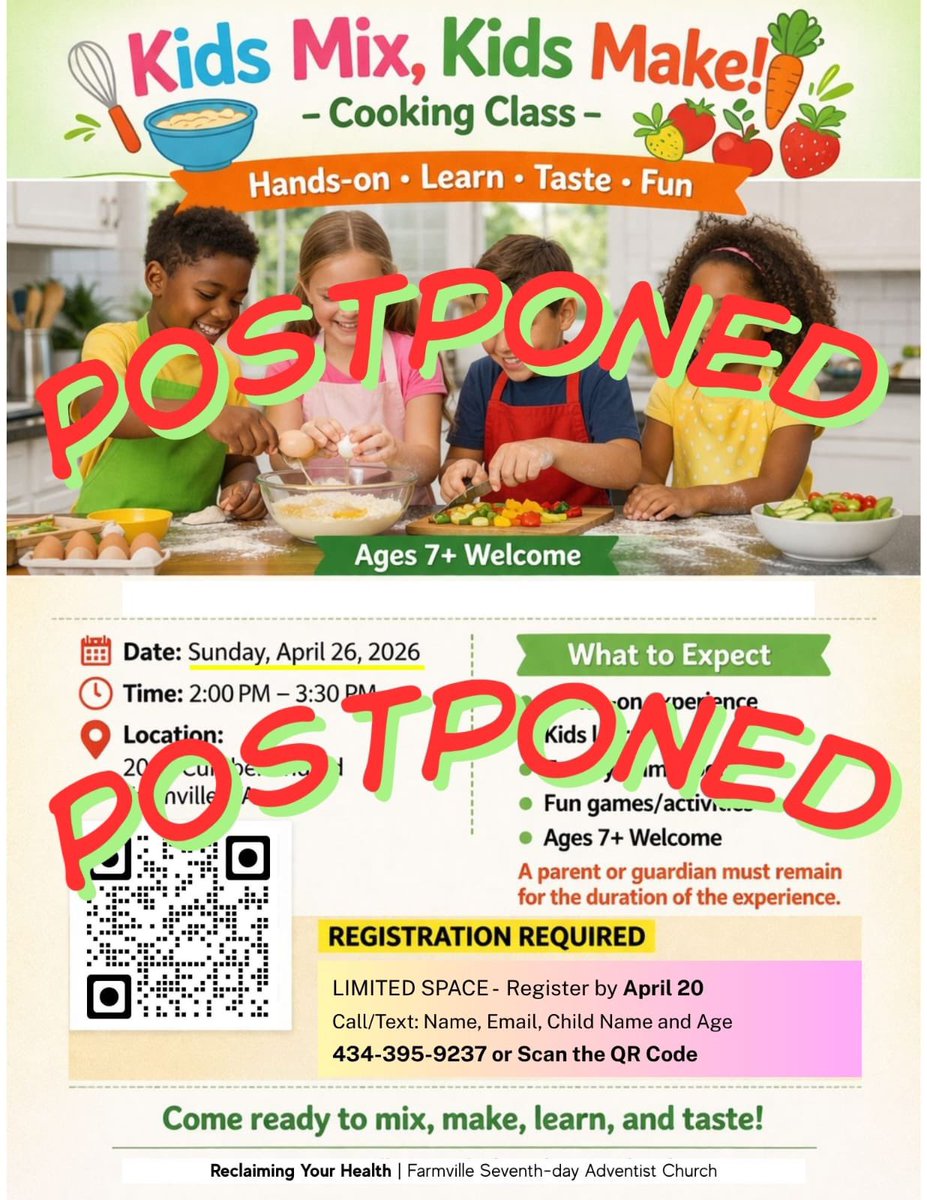 FarmvilleSDA's tweet image. Our #kids #cookingclass has had to be postponed. Stay tuned for future updates! #sda #FaithGrowsHere