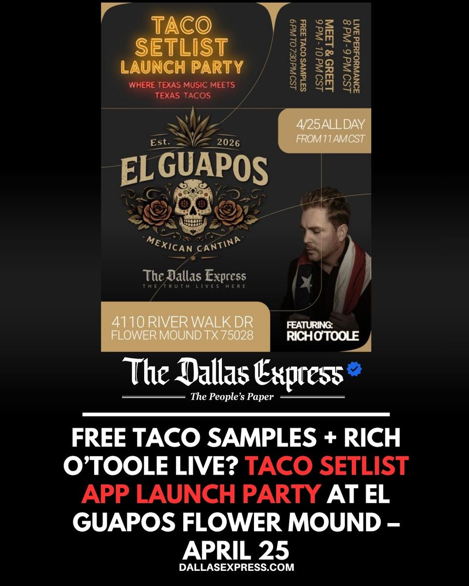 “TACO SETLIST” APP LAUNCH PARTY THIS SATURDAY AT EL GUAPOS IN FLOWER MOUND

Co-created by Texas country artist Rich O’Toole, the new app lets users rate, review, and rank tacos across Texas — with a concert calendar built in.

Join for free taco samples and a special live set by