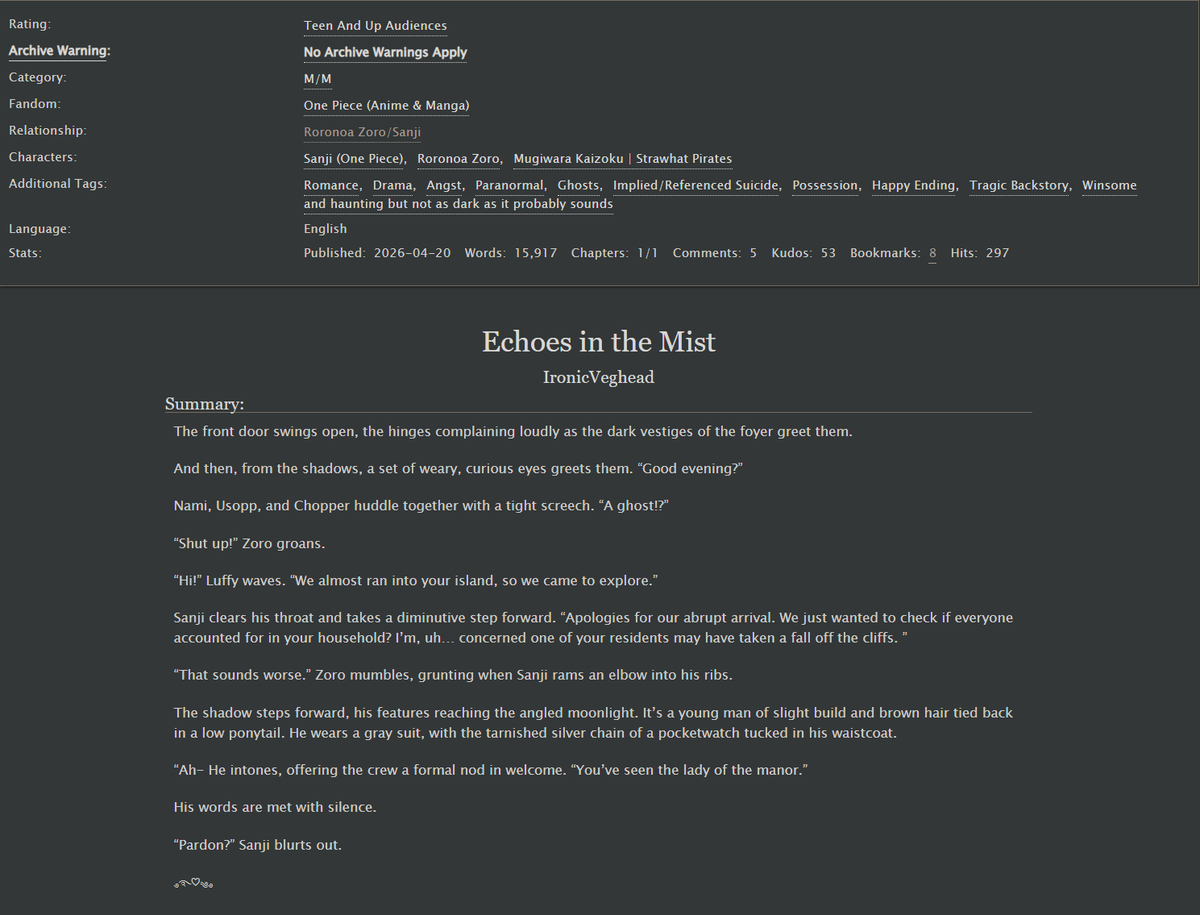 Echoes in the Mist - By Ironicveghead 
#ZoSan Sweet and haunting 15k archiveofourown.org/works/83377986࿔࿐♡༄࿔