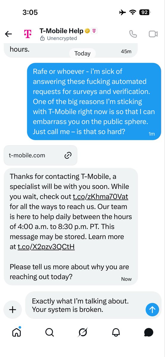 tptperry's tweet photo. @TMobileHelp So much for DM help. I’m sure you might be nice people but your system sucks hard #tmobilesupportsuckshard https://t.co/2cE9zccH21