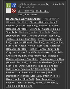 MintCLeaves's tweet image. a slight understatement. ch24. phainon does, in fact, punch mydei in the face. as promised.

#phaidei #myphai

archiveofourown.org/works/69230621…