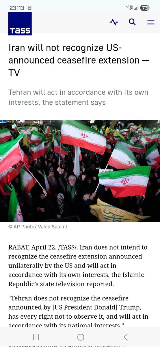 ma_khodabandeh's tweet image. #IranWar‌
Iran does not intend to recognize the #ceasefire extension announced unilaterally by the US and will act in accordance with its own interests,
tass.com/world/2120603