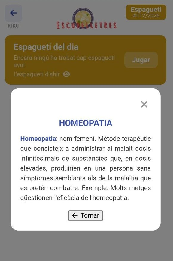 El primer espagueti trobat amb la nova versió de l'Escudelletres, una bonica paraula de 10 lletres en un tauler de lletres aleatòries. Enhorabona!