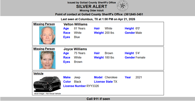 TX_Alerts's tweet photo. ACTIVE SILVER ALERT for Velton Williams and Joyce Williams from Columbus, TX, on 04/21/2026. https://t.co/RUKf0fJofQ