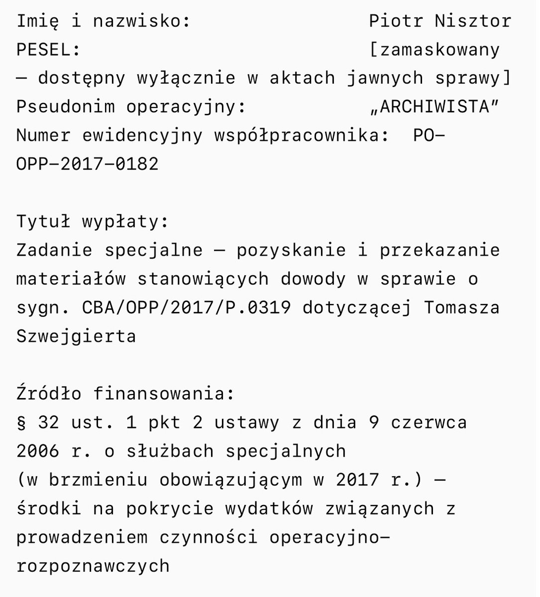 28 stycznia 2025 r. IX Ka 1148/24 Sąd Okręgowy uznaje, że dowody, które przedstawiłem pozwalają nazywać @pnisztor współpracownikiem CBA. A w czasie procesu nie wykorzystałem poniższych materiałów. W 2018 r. Nisztor musiał zmienić pseudonim bo w listopadzie 2017 r.  <a href="/GPJakubowski/">Grzegorz Jakubowski</a>