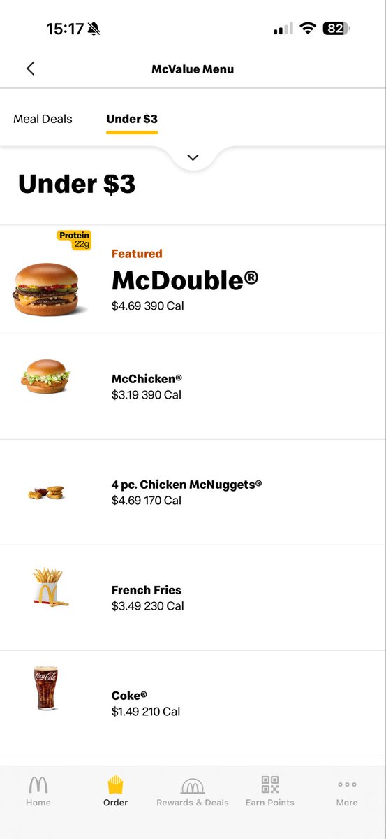 mrgreeng's tweet photo. @McDonalds sure doesn’t seem like these are under $3? and removing the double cheeseburger and adding the McDouble way to save your self money but give customers less value. https://t.co/9UC0aZKvM3