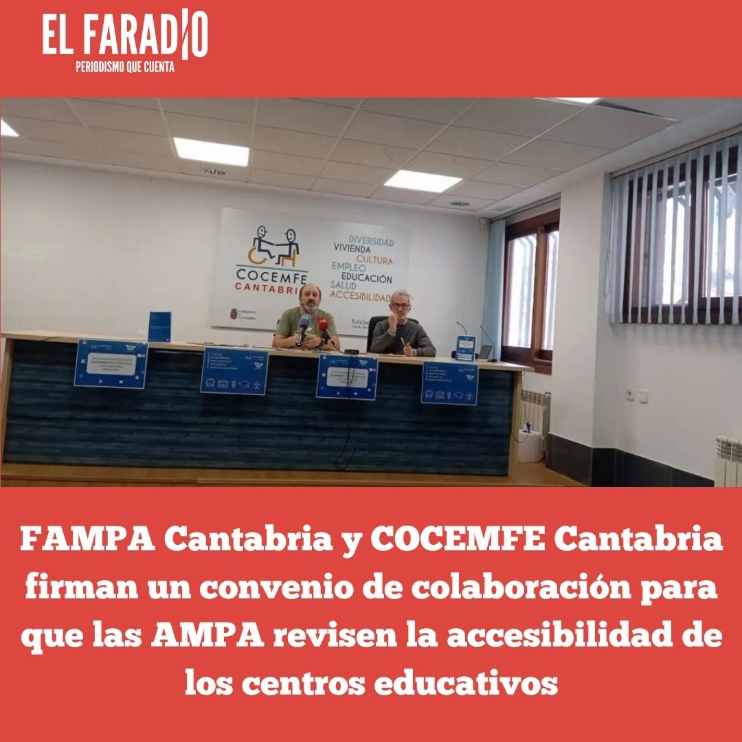 elfaradio's tweet image. FAMPA Cantabria y @cocantabria firman un convenio de colaboración para que las AMPA revisen la accesibilidad de los centros educativos
elfaradio.com/2026/04/19/fam…
#Accesibilidad #Educación