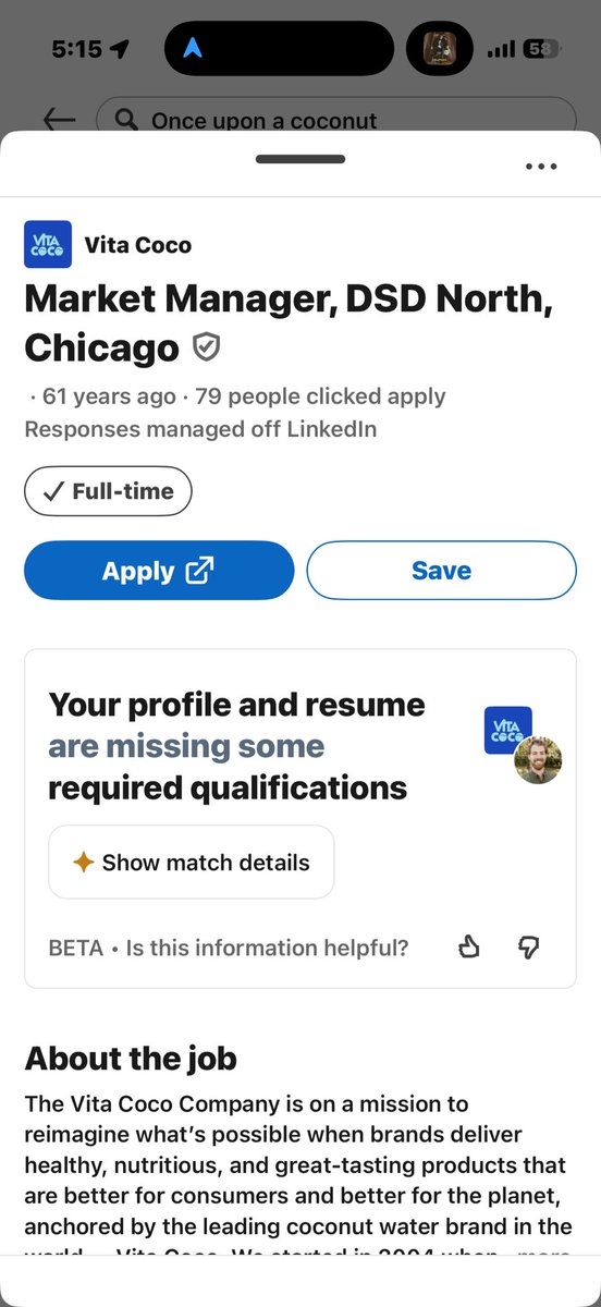 jacobawesthoff's tweet photo. Idk what’s more impressive that this post was made 61 years ago and only 79 people clicked apply or the fact the @VitaCoco and @LinkedIn have been around equally as long? @VitaCoco should just hire me and close the job posting. https://t.co/ETfiG1ZBl1
