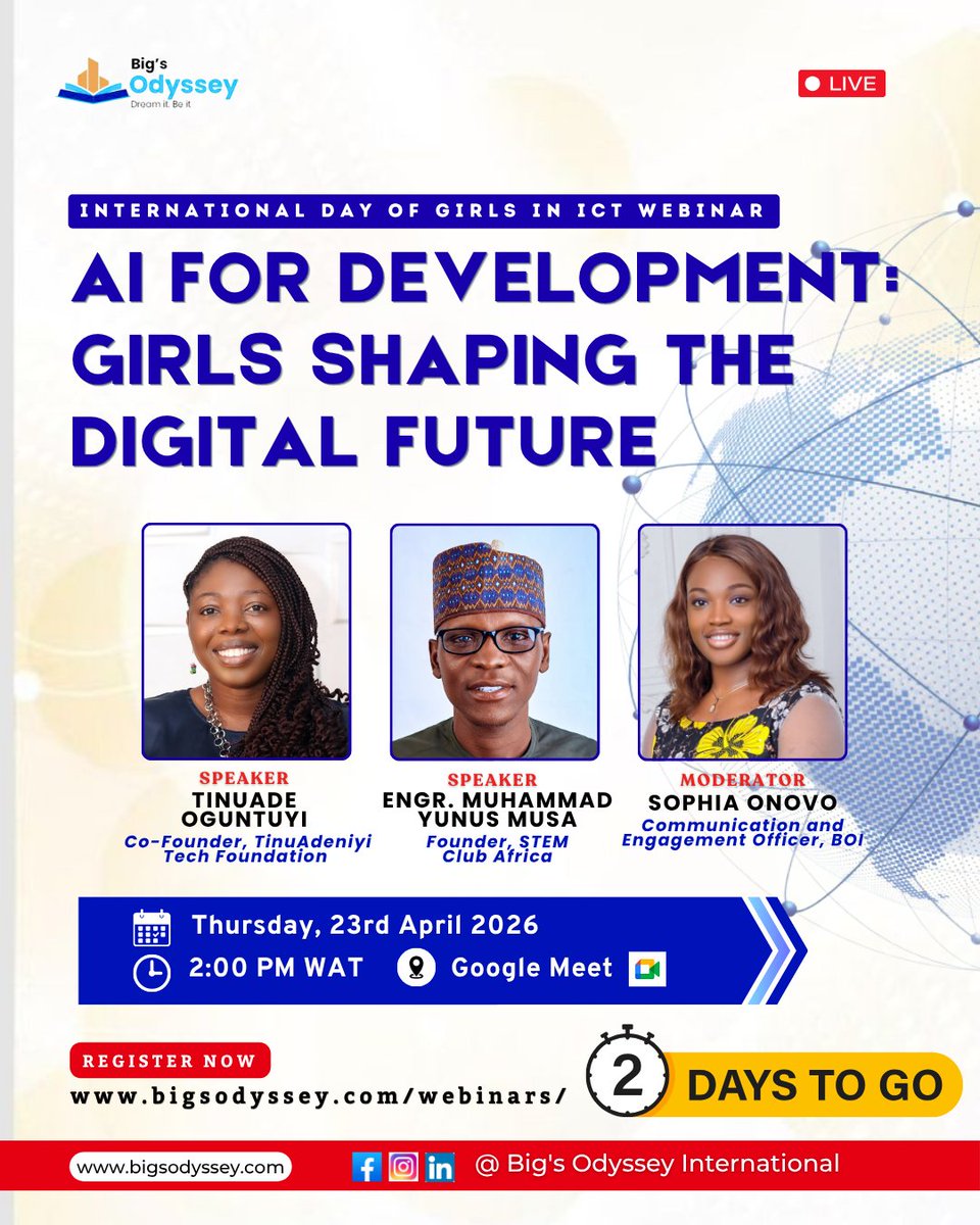 bigsodyssey's tweet image. 2 Days to Go!

Join us for the International Day of Girls in ICT Webinar:
AI for Development: Girls Shaping the Digital Future

Don’t miss this chance to learn and be inspired.

Register now: bigsodyssey.com/webinars/ 

#GirlsInICT #WomenInTech #AIForGood