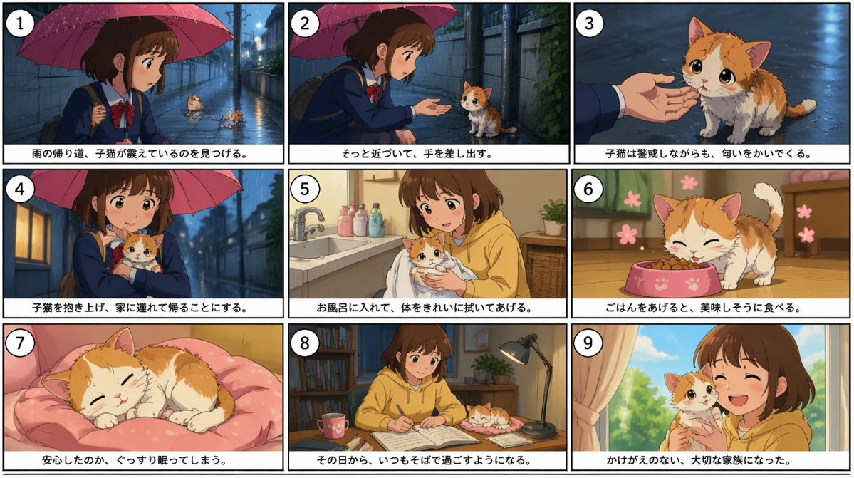 onofumi_AI's tweet photo. GPTのimages2 × seedance2.0が鉄板

✅プロンプト
「ストーリーボードを3×3のグリッド形式で作成。」

1️⃣作りたい内容+✅のプロンプト入力。
2️⃣1の画像からプロンプト作成
3️⃣seedanceで1の画像リファレンス
4️⃣2で作成したプロンプト入力。

デメリットは動画の自由度がなく量産型っぽくなる。シーンが多くカメラワークなどはイマイチ。ここはグリッド数を調整すべき。