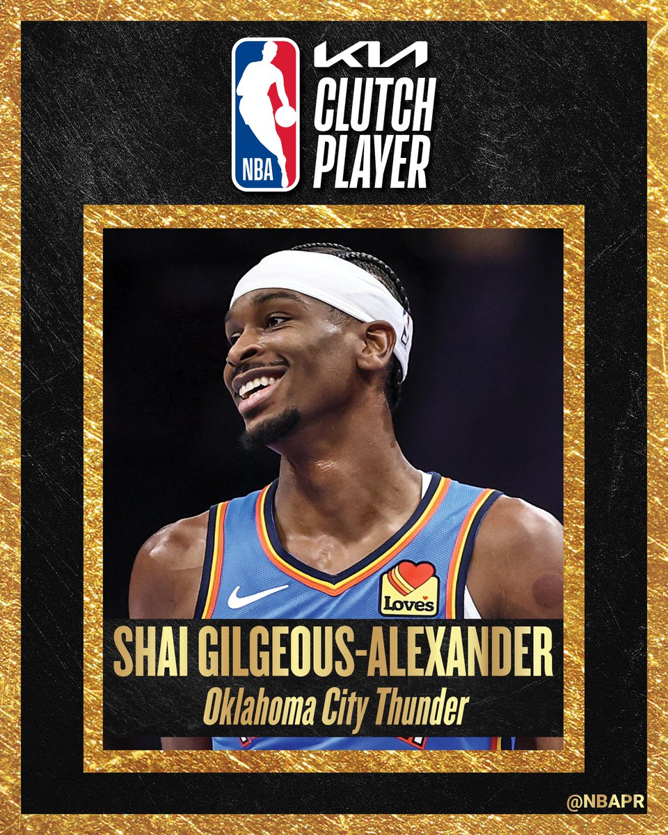 NBAPR's tweet image. Oklahoma City Thunder guard Shai Gilgeous-Alexander has been named the 2025-26 Kia NBA Clutch Player of the Year, earning the Jerry West Trophy.