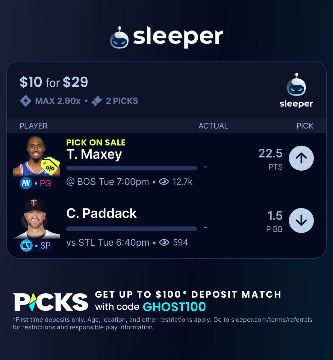GhostEVplays's tweet image. 🏀 Sleeper NBA Maxey Pick Sale

 🏒 +190 (FV +158.06)
+EV: 12.37%
Playing: 0.06 Unit Promo Max

🌟 Code: GHOST100 - New User 100% Deposit Match Bonus up to $100 Sleeper.com/promo/GHOST100

#sleeper #sports #nba #mlb #nhl