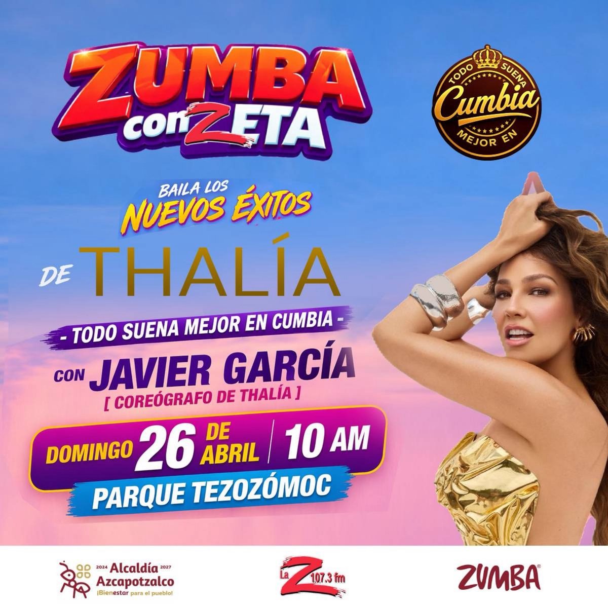 Mis amados ThalyFans en 🇲🇽!!! 

Este domingo 26 de abril quiero verlos bailando con mi querido Javier, en el Parque Tezozómoc en #ZumbaConZ 💃🕺

Javi va a estar ahí guiándolos para que lo den TODO, así que vayan con su mejor actitud y muchas ganas de gozar ❤️

TODO SUENA MEJOR