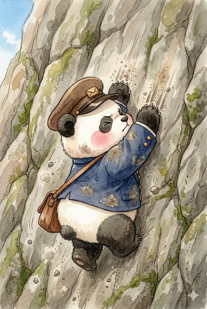 Panda_Studio_Ai's tweet image. のぼりはじめました。
てをかけ、あしをかけ すこしずつ
がりっ。てが すべって、ずるずると おちてしまいます。

#パンダ #panda #パンダ絵本 #てがみをとどけに