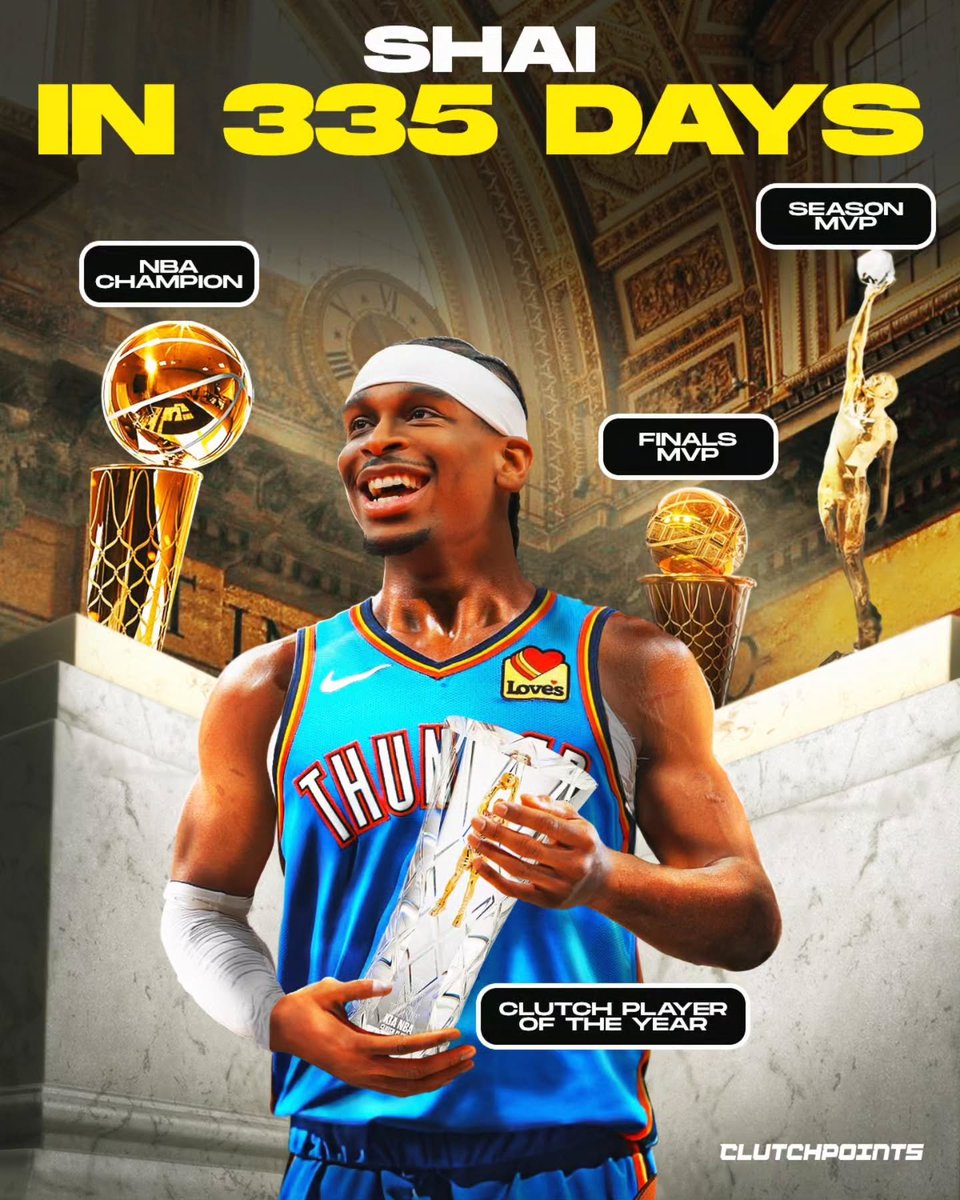 ClutchPoints's tweet image. SGA has had quite a year.

In the past 335 days, take a look at what Shai has done:

⭐️ NBA champion
⭐️ MVP
⭐️ Finals MVP
⭐️ Clutch Player of the Year

In the clutch, the Thunder star has been unstoppable this season:

⚡ 175 total clutch points
⚡ 6.5 PPG
⚡ 51.5% FG
⚡ 16