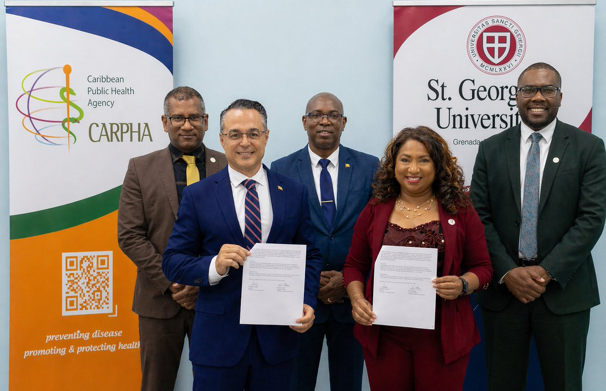 CARPHA1's tweet image. CARPHA and St. George’s University have signed a landmark 5-year agreement to advance public health research, training, innovation, and evidence-informed policy across the Caribbean. Together, we are strengthening health systems for a healthier Region. #CARPHA #SGU #PublicHealth