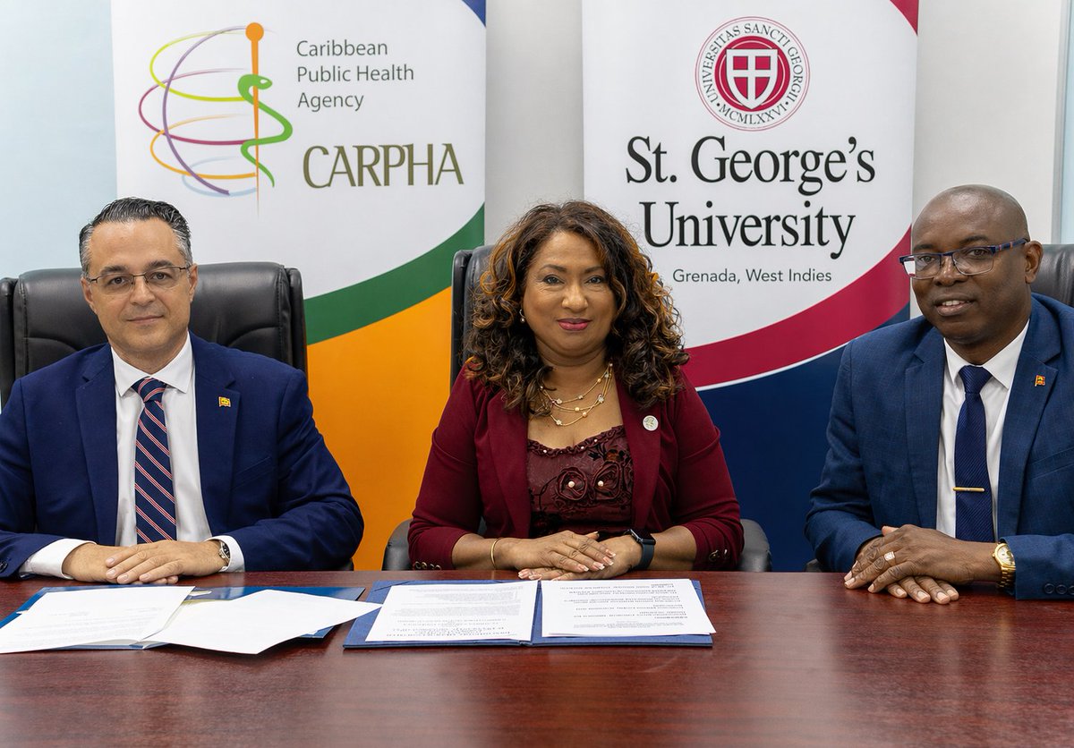 CARPHA1's tweet image. CARPHA and St. George’s University have signed a landmark 5-year agreement to advance public health research, training, innovation, and evidence-informed policy across the Caribbean. Together, we are strengthening health systems for a healthier Region. #CARPHA #SGU #PublicHealth