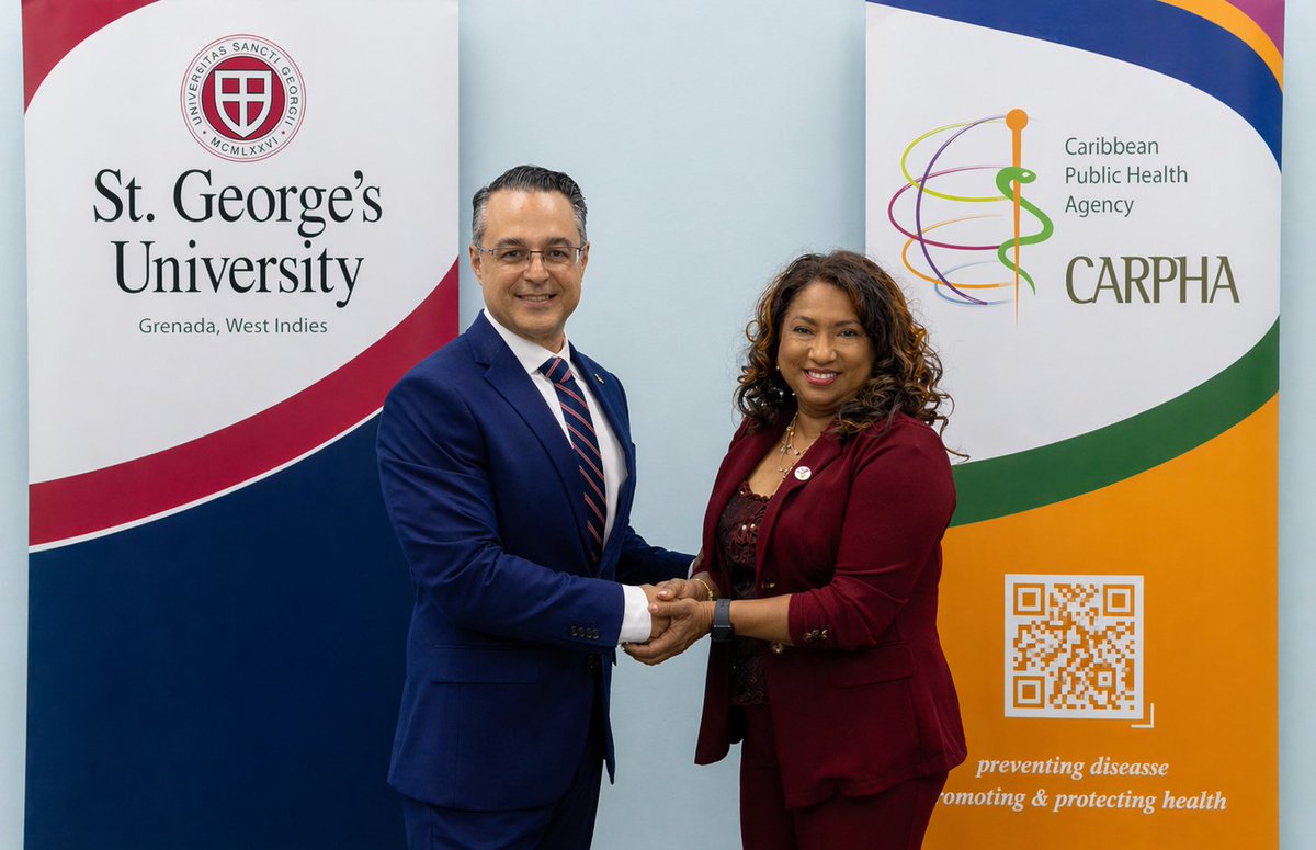 CARPHA1's tweet image. CARPHA and St. George’s University have signed a landmark 5-year agreement to advance public health research, training, innovation, and evidence-informed policy across the Caribbean. Together, we are strengthening health systems for a healthier Region. #CARPHA #SGU #PublicHealth