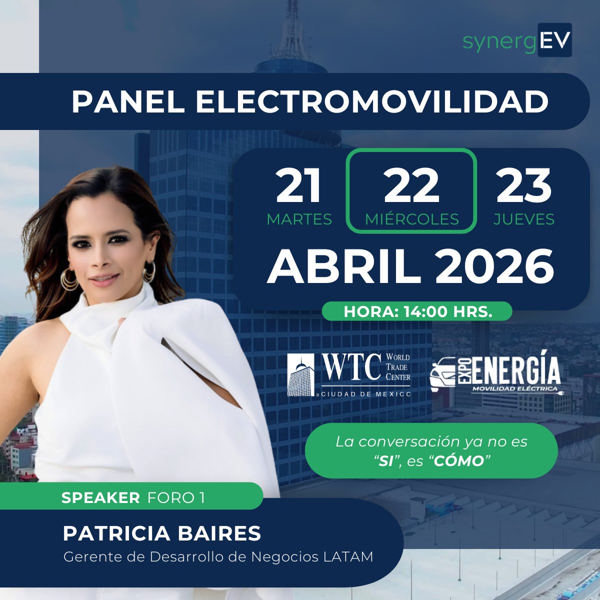 synergEVMX's tweet photo. ⚡ La conversación ya no es “SI”, es “CÓMO”.

Este 22 de abril, nuestra Gerente de Desarrollo de Negocios LATAM, Patricia Baires, participará como speaker en el Panel de Electromovilidad en el WTC Ciudad de México, dentro de Expo Energía.

#Electromovilidad #synergEV https://t.co/0i0jVqHPIs