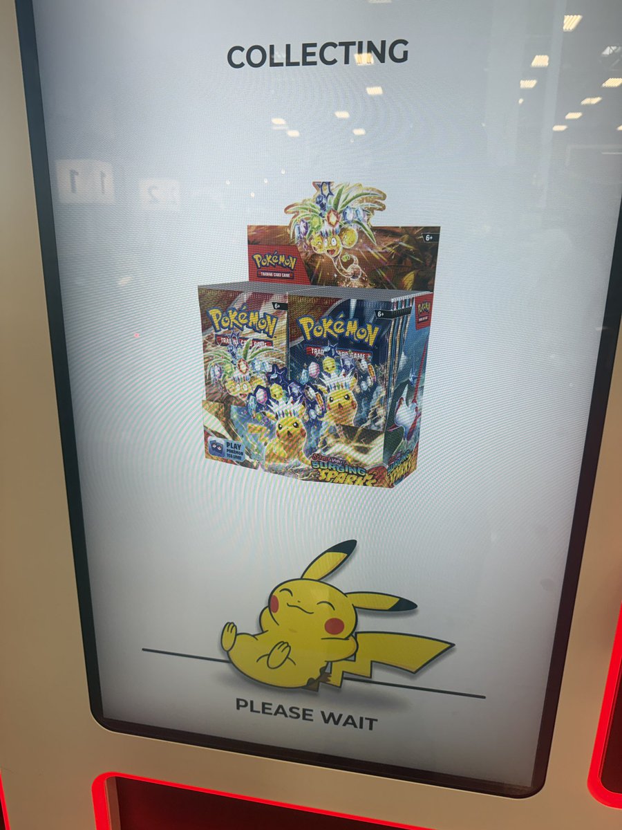 spencergiblin's tweet image. Didn’t plan to spend an extra $164.99 from a vending machine today, but here  we are… #SurgingSparks #PokemonTCG