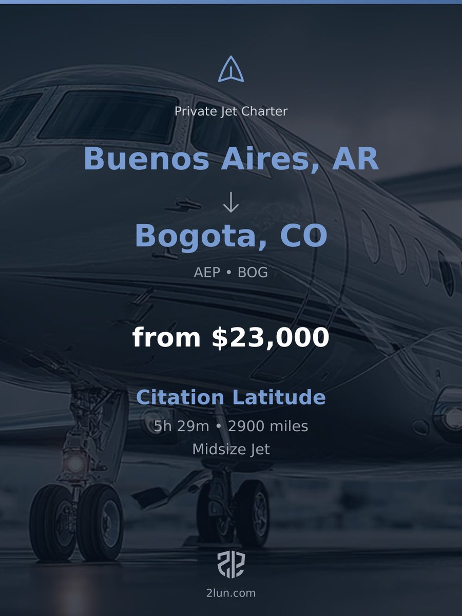 2lunjet's tweet image. 🇦🇷 Buenos Aires → Bogota 🇨🇴
Private Jet Charter

5h 29m | 2900 miles | From $23,000

Book your flight:
2lun.com/route/sabe/skbo

#PrivateJet #PrivateAviation #Luxury