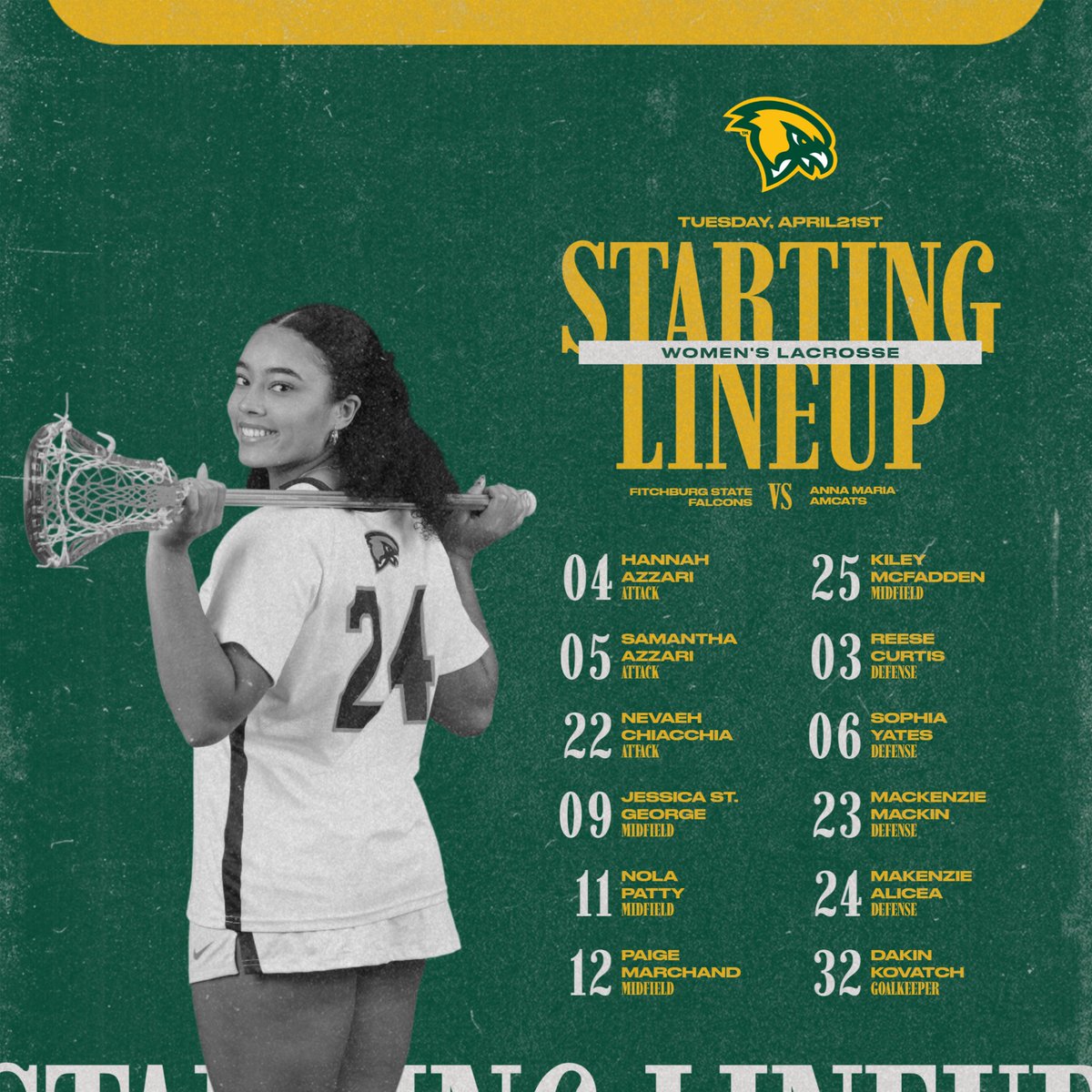 FSU_Falcons's tweet image. 🥍Here is your @fsufalconswlax starting lineup for their @mascacsports matchup against the AMCATS of Anna Maria this evening.

#FearTheFlock #SeniorDay