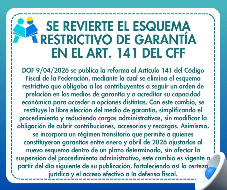 AFICasesoria's tweet image. 🔍 El nuevo esquema elimina la intervención inicial de la autoridad en la elección del medio de garantía y traslada el control a una validación posterior.
📌 Vigente a partir del 10 de abril de 2026.
#DOF #ReformaFiscal #CFF #articulo141 #ActualizaciónFiscal