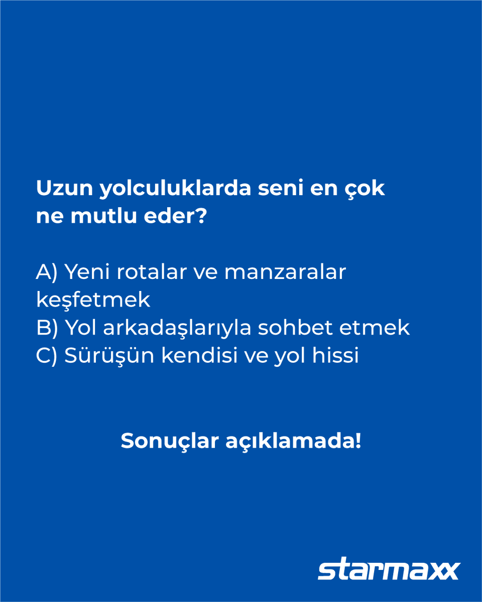 starmaxx's tweet photo. Testin sonuçları için gelenleri böyle alalım… ⬇️

A’lar çoğunluktaysa: Gerçek Bir Road-Trip Tutkunu
B’ler çoğunluktaysa: Keyifli Yol Arkadaşı
C’ler çoğunluktaysa: Sürüş Tutkunu https://t.co/Ac6I3YvNwg