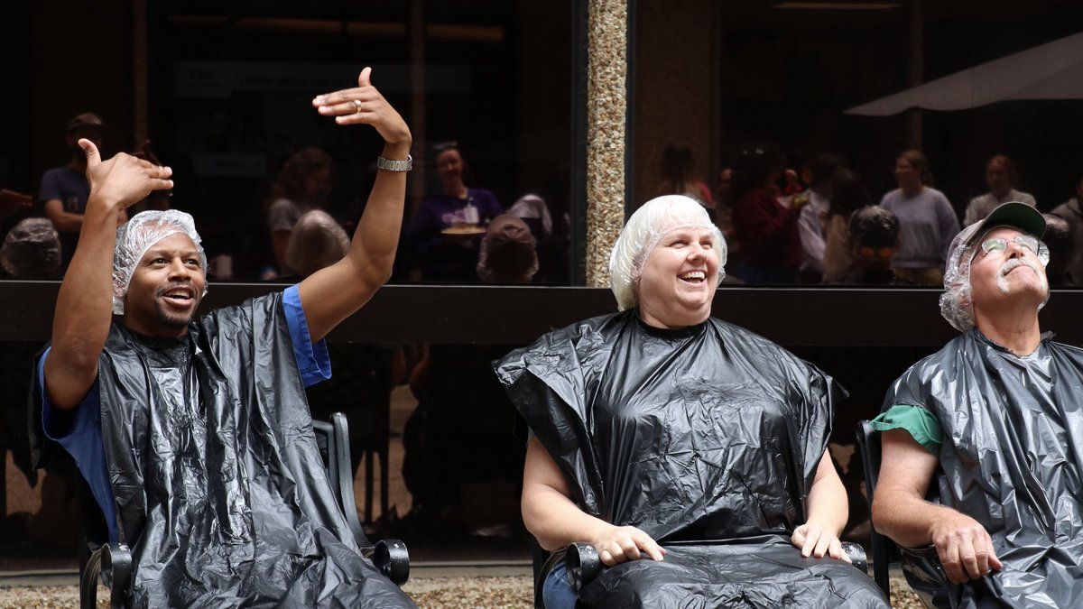 lsuvetmeddean's tweet photo. Well, who doesn’t like planting a pie of whipped cream or even shaving foam into your favorite professor’s face? All for a good cause, a stoic group of us embraced another year’s “Pie the Professor” event @LSUVetMed! 💜💛#LSU #WeTeach #Community #BetteringLives #Community #WeLead https://t.co/OnpKwSYjSi